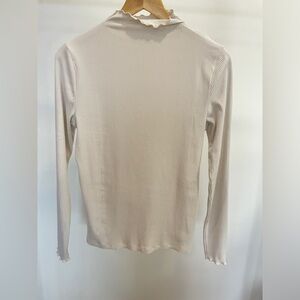 Loft Ivory Ribbed Low Mock Neck Lettuce Ruffle Neck Long Sleeve Medium Stretch